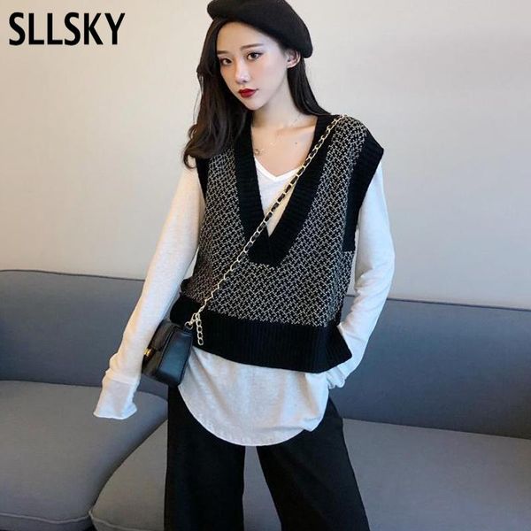 sllsky women sleeveless pullover vest autumn 2021 korean style vintage stylish color patchwork v neck knitted wool sweater vest, Black;white
sllsky women sleeveless pullover vest autumn 2021 korean style vintage stylish color patchwork v neck knitted wool sweater vest, Black;white