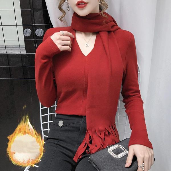 women's t-shirt winter double faced plush bottoming 2021 v-neck long sleeve solid slim tshirt thicken warm pullover with scarf, White
women's t-shirt winter double faced plush bottoming 2021 v-neck long sleeve solid slim tshirt thicken warm pullover with scarf, White