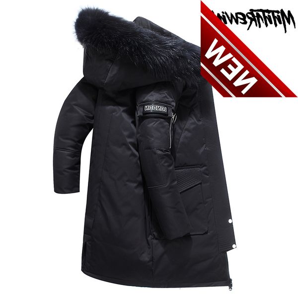 -30 degree winter jacket men long parkas white duck down keep warm thicken coat fashion hooded fur collar windbreaker, Black