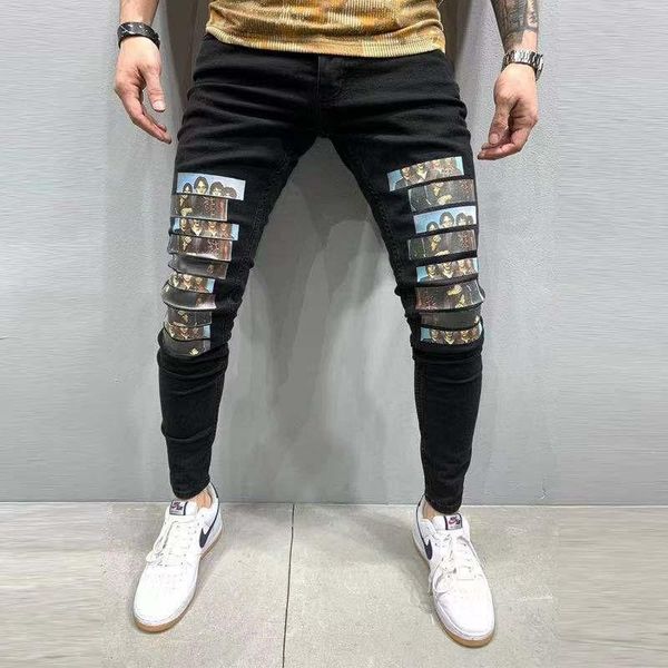 men's jeans ripped printed pleated pants fashion badge patchwork street hip hop denim zipper skinny, Blue
men's jeans ripped printed pleated pants fashion badge patchwork street hip hop denim zipper skinny, Blue