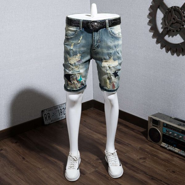 summer thin embroidery denim shorts men's fashion brand capris with hole patch pants casual slim breeches, Blue
summer thin embroidery denim shorts men's fashion brand capris with hole patch pants casual slim breeches, Blue