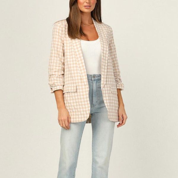 women's suits & blazers spring and autumn casual plaid unbuttoned pocket decorative pleated sleeve jacket, White;black
women's suits & blazers spring and autumn casual plaid unbuttoned pocket decorative pleated sleeve jacket, White;black