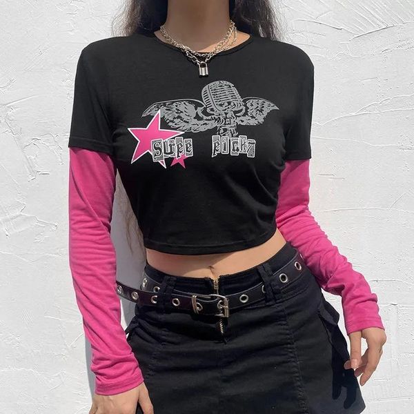 women's t-shirt grunge crop t-shirts graphic print fake two long sleeve slim tee casual crewneck fashion harajuku fabric female, White
women's t-shirt grunge crop t-shirts graphic print fake two long sleeve slim tee casual crewneck fashion harajuku fabric female, White