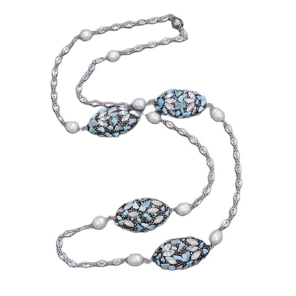 guaiguai jewelry freshwater cultured white pearl blue larimar cz pave chain long necklace handmade for women real gems stone lady fashion je, Silver
guaiguai jewelry freshwater cultured white pearl blue larimar cz pave chain long necklace handmade for women real gems stone lady fashion je, Silver