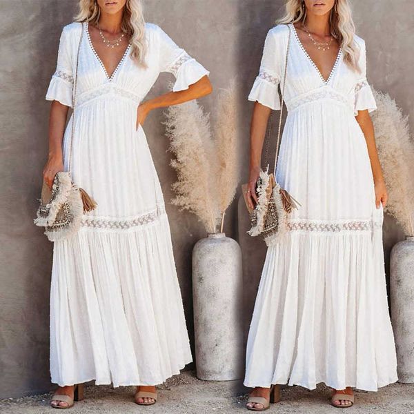 2021 summer bohemian v-neck short sleeve lace splicing large swing holiday drs, Black;gray
2021 summer bohemian v-neck short sleeve lace splicing large swing holiday drs, Black;gray