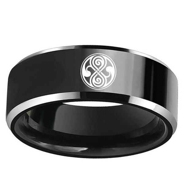 8mm doctor who seal of rassilon symbol black rings stainless steel band size 6-13, Silver
8mm doctor who seal of rassilon symbol black rings stainless steel band size 6-13, Silver
