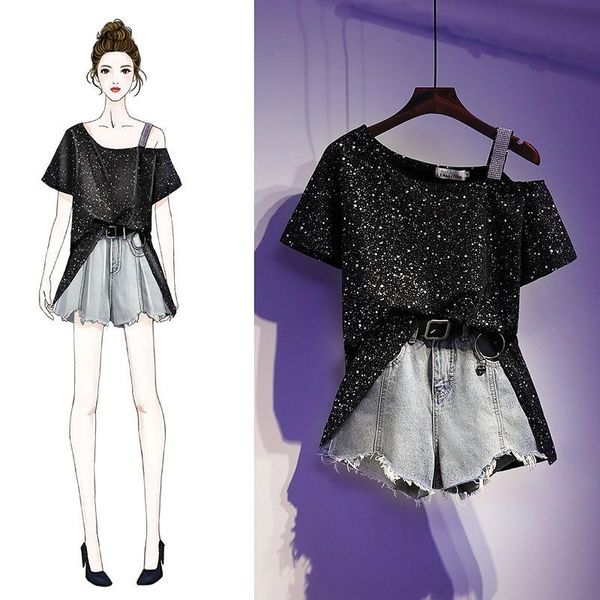 2021 plus size women clothes 2 pieces sets summer female sweet korean t shirt and denim shorts clothing suit outfits s95, Gray 
2021 plus size women clothes 2 pieces sets summer female sweet korean t shirt and denim shorts clothing suit outfits s95, Gray