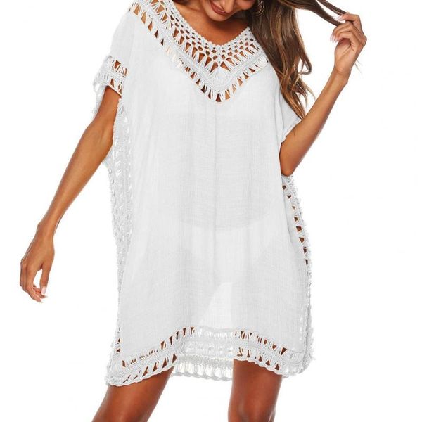 women's swimwear stylish loose dress bikini cover up women bat short sleeve hollow out solid color v neck for beach wear, White;black
women's swimwear stylish loose dress bikini cover up women bat short sleeve hollow out solid color v neck for beach wear, White;black