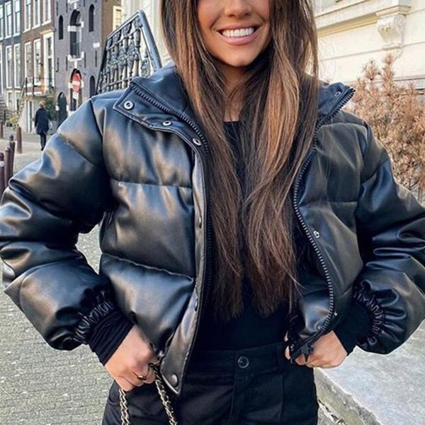 women's leather & faux autumn winter stylish solid color stand collar warm short coat women cotton buttons for party, Black
women's leather & faux autumn winter stylish solid color stand collar warm short coat women cotton buttons for party, Black