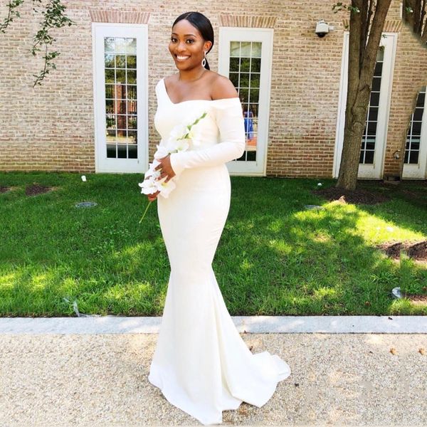 white long sleeves mermaid bridesmaid dresses off shoulder sweep train satin maid of the honor dress plus size, White;pink
white long sleeves mermaid bridesmaid dresses off shoulder sweep train satin maid of the honor dress plus size, White;pink