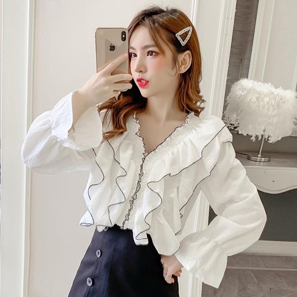 coigarsam ruffles blouse women new spring full sleeve v-neck blusas womens and blouses white black apricot 1317
coigarsam ruffles blouse women new spring full sleeve v-neck blusas womens and blouses white black apricot 1317
