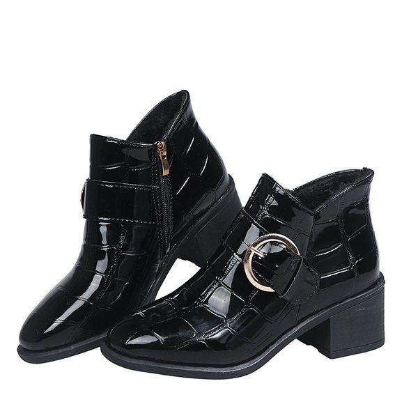 2021 new british style buckle patent leather women square heels waterproof ankle boots woman round toe office shoes ladies 66i7, Black
2021 new british style buckle patent leather women square heels waterproof ankle boots woman round toe office shoes ladies 66i7, Black