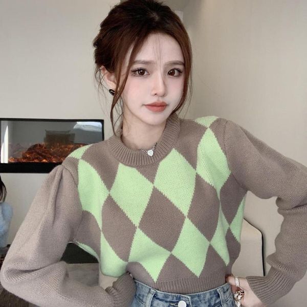 women's sweaters all-match knitted 2021 autumn and winter checkerboard long-sleeved thickened short sweater fashion clothing, White;black
women's sweaters all-match knitted 2021 autumn and winter checkerboard long-sleeved thickened short sweater fashion clothing, White;black