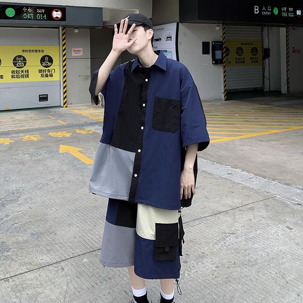 men's casual shirts stitching short-sleeved shirt shorts korean fashion men streetwear hip-hop suit, White;black
men's casual shirts stitching short-sleeved shirt shorts korean fashion men streetwear hip-hop suit, White;black