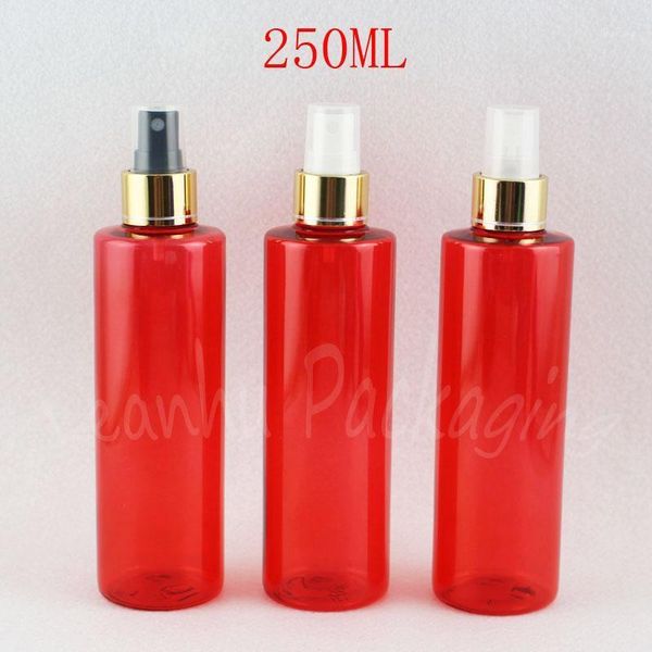 storage bottles & jars 250ml red flat shoulder plastic bottle with gold spray pump , 250cc toner / water sub-bottling empty cosmetic contain