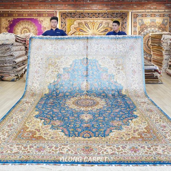 carpets 9'x12' classic rug large blue medallion vantage handmade silk carpet (zqg620a)