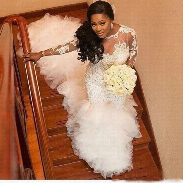 african lace vintage mermaid wedding dresses long tiered train puff crystal beads plus size bridal gowns women, White
african lace vintage mermaid wedding dresses long tiered train puff crystal beads plus size bridal gowns women, White