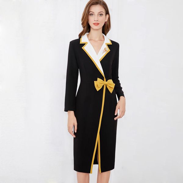women's runway dresses notched collar long sleeves bow detailing split elegant fashion pencil dress vestidos, Black
women's runway dresses notched collar long sleeves bow detailing split elegant fashion pencil dress vestidos, Black