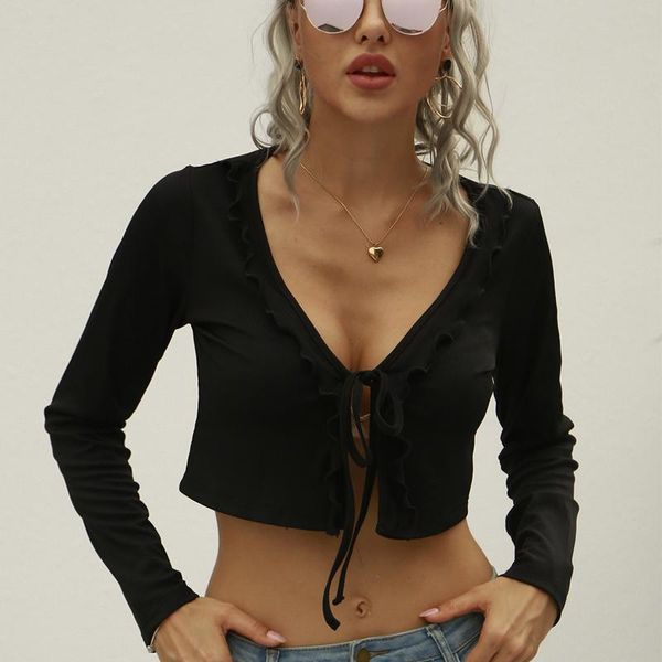 women's t-shirt autumn solid crop long sleeve ruffled deep v-neck with front lace-up short waist, White
women's t-shirt autumn solid crop long sleeve ruffled deep v-neck with front lace-up short waist, White