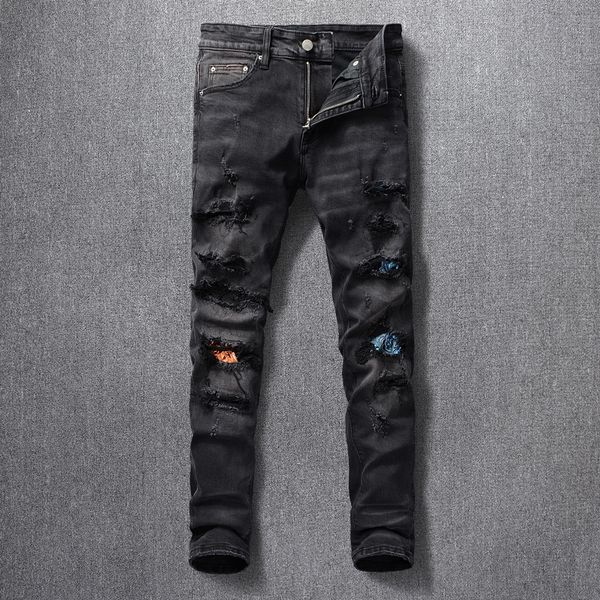 2021 new fashion streetwear men black color elastic slim fit ripped jeans patches designer destroyed hip hop pants b3c0, Blue
2021 new fashion streetwear men black color elastic slim fit ripped jeans patches designer destroyed hip hop pants b3c0, Blue