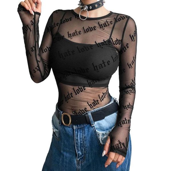 damesmode ummer letter print around the throat long mouwen see through black sheer mesh t-shirt female clubwear, White
damesmode ummer letter print around the throat long mouwen see through black sheer mesh t-shirt female clubwear, White