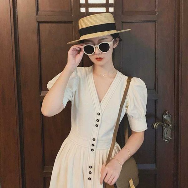2021 summer mid length high lantern sleeve v-neck temperament waist french drs, Black;gray
