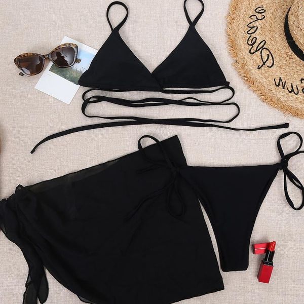 women's swimwear 2021 3pcs swimsuit set women solid color black brazilian bikini cross front bandage bathing suit with sarong cover ups, White;black
women's swimwear 2021 3pcs swimsuit set women solid color black brazilian bikini cross front bandage bathing suit with sarong cover ups, White;black
