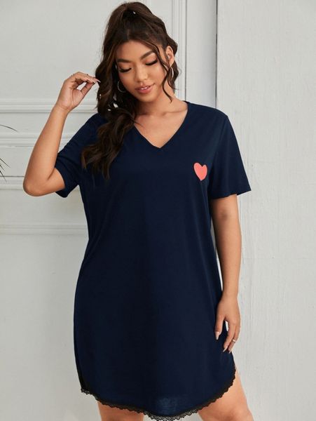 plus heart print v neck nightdress j76y#, Black;white 
plus heart print v neck nightdress j76y#, Black;white
