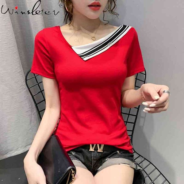 women's t-shirt summer korean style t-shirt fashion patchwork skew collar women short sleeve ropa mujer casual cotton te, White
women's t-shirt summer korean style t-shirt fashion patchwork skew collar women short sleeve ropa mujer casual cotton te, White