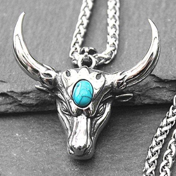 chains retro blue turquoise bull head pendant trendy men's necklace fashion personality domineering female sweater chain, Silver
chains retro blue turquoise bull head pendant trendy men's necklace fashion personality domineering female sweater chain, Silver