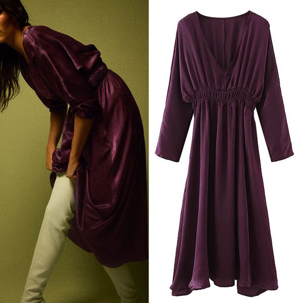 new purple 2021 satin women autumn v neck long sleeve midi dress woman elastic waist flared hems elegant ladies dresses r6ki rkmy, Black;gray 
new purple 2021 satin women autumn v neck long sleeve midi dress woman elastic waist flared hems elegant ladies dresses r6ki rkmy, Black;gray