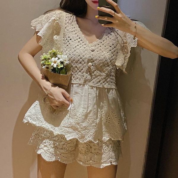 women's tracksuits two piece sets women sweet hollow out knit v-neck butterfly sleeve shirt + casual shorts 2021 fashion suits ensemble, Gray 
women's tracksuits two piece sets women sweet hollow out knit v-neck butterfly sleeve shirt + casual shorts 2021 fashion suits ensemble, Gray