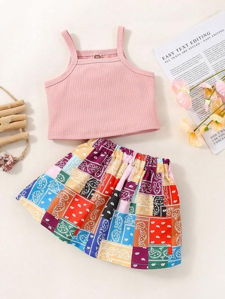 baby ribbed knit cami & patchwork print skirt she, White