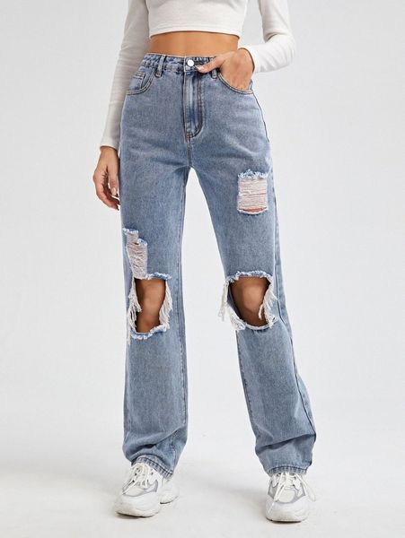 high waist ripped straight leg jeans x8nh#, Blue
high waist ripped straight leg jeans x8nh#, Blue