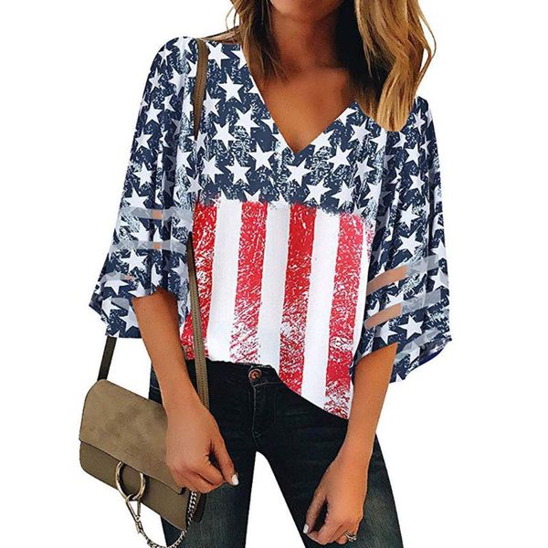 women's blouses & shirts independence day women blouse american flag print v neck mesh panel short bell sleeve shirt camisas de mujer c, White
women's blouses & shirts independence day women blouse american flag print v neck mesh panel short bell sleeve shirt camisas de mujer c, White