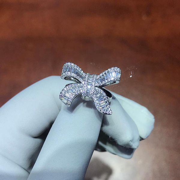 cluster rings charm bowknot 100% 925 sterling silver promise ring simulated diamond cz engagement wedding band for women party jewelry, Golden;silver