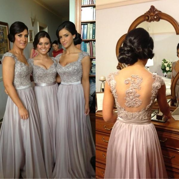 silver chiffon lace custom made bridesmaid dresses 2021 new cap sleeve long formal party gown with ribbon, White;pink
silver chiffon lace custom made bridesmaid dresses 2021 new cap sleeve long formal party gown with ribbon, White;pink