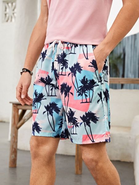 men tropical print drawstring waist shorts f2bt#, Black 
men tropical print drawstring waist shorts f2bt#, Black