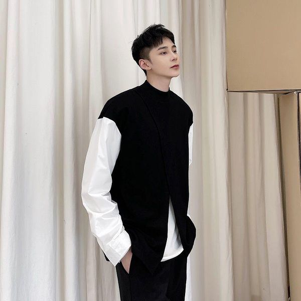 contrasting hoodie men korean fashion loose hem split casual hoodie men streetwear hip-hop personality long-sleeved shirt, Black 
contrasting hoodie men korean fashion loose hem split casual hoodie men streetwear hip-hop personality long-sleeved shirt, Black