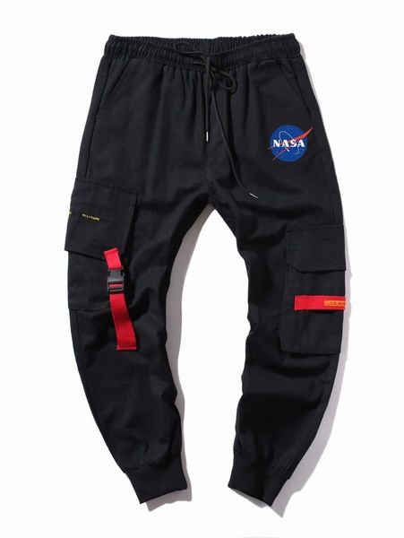 men letter graphic flap pocket pants r77u#, Black