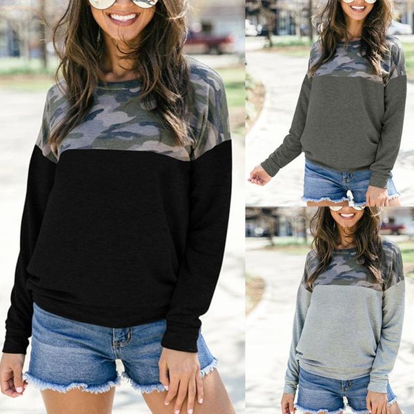 women's t-shirt women lady long sleeve round collar camouflage printing for autumn -opk, White 
women's t-shirt women lady long sleeve round collar camouflage printing for autumn -opk, White