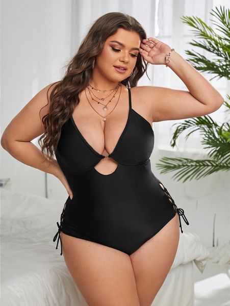 plus plain lace-up one piece swimsuit 73qa#, Black