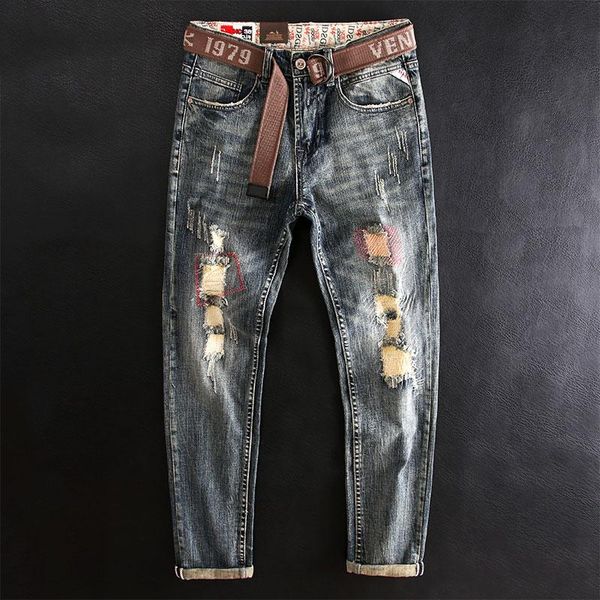 men's jeans ly street style fashion men retro destroyed ripped embroidery designer elastic slim fit hip hop denim pants, Blue
men's jeans ly street style fashion men retro destroyed ripped embroidery designer elastic slim fit hip hop denim pants, Blue