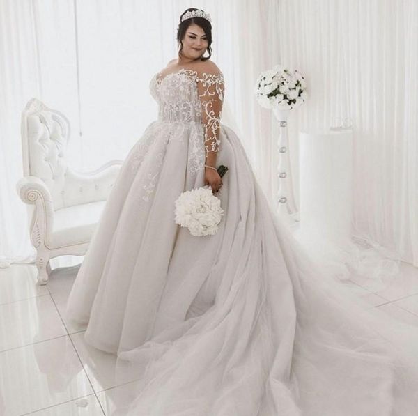 luxury bridal gowns illusion neck arabic dubai plus size wedding dresses lace appliqued tulle court train vestido de noiva custom made 2022, White
luxury bridal gowns illusion neck arabic dubai plus size wedding dresses lace appliqued tulle court train vestido de noiva custom made 2022, White