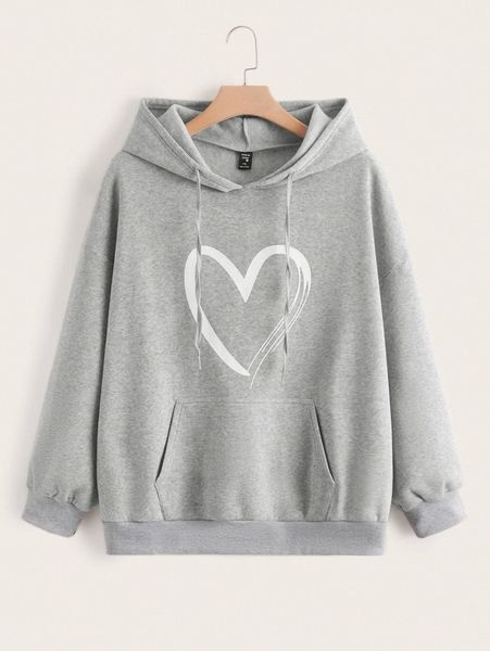 plus heart print kangaroo pocket drop shoulder drawstring thermal hoodie x29a#, Black
plus heart print kangaroo pocket drop shoulder drawstring thermal hoodie x29a#, Black