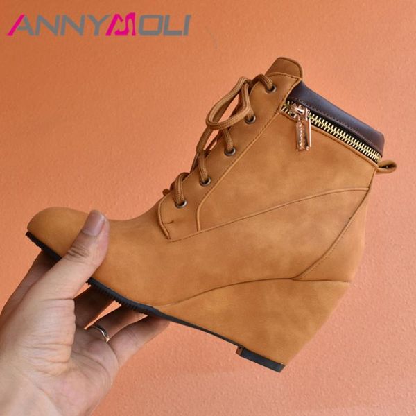 boots annymoli winter ankle women zipper wedge high heel short lace up round toe shoes lady autumn big size 4-12, Black
boots annymoli winter ankle women zipper wedge high heel short lace up round toe shoes lady autumn big size 4-12, Black