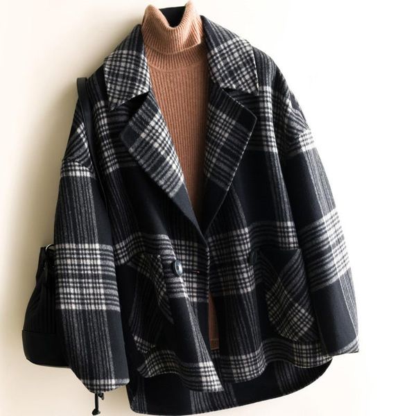 women's wool & blends 2021 autumn winter loose mid long plaid double-sided coat women outerwear korean vintage sleeve woolen jacket fem, Black
women's wool & blends 2021 autumn winter loose mid long plaid double-sided coat women outerwear korean vintage sleeve woolen jacket fem, Black