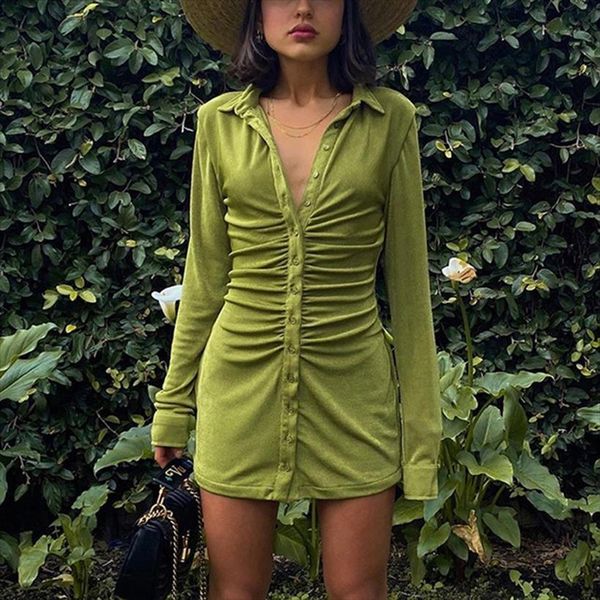 turn down collar green women dresses shirt elegant club party long sleeve button bodycon mini dress fashion streetwear, Black;gray
turn down collar green women dresses shirt elegant club party long sleeve button bodycon mini dress fashion streetwear, Black;gray