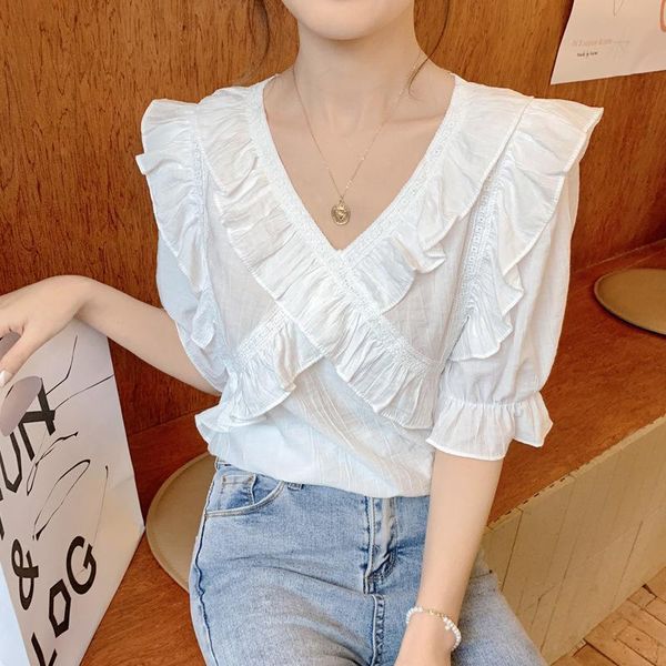 women's blouses & shirts real s 2021 summer v-neck ruffle lace splicing short sleeve trumpet top, White
women's blouses & shirts real s 2021 summer v-neck ruffle lace splicing short sleeve trumpet top, White