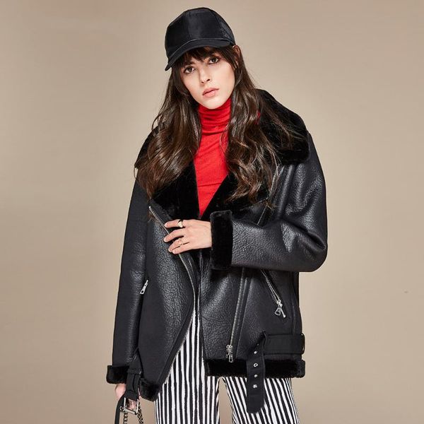 women's leather & faux autumn winter women sashes pu coat turn-down collar zipper warm jacket casual imitation fur outwear, Black
women's leather & faux autumn winter women sashes pu coat turn-down collar zipper warm jacket casual imitation fur outwear, Black